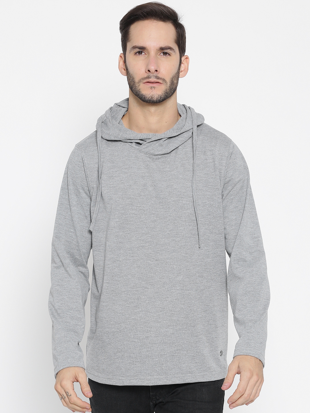 Buy Roadster Men Grey Melange Solid Hood T Shirt - Tshirts for Men ...