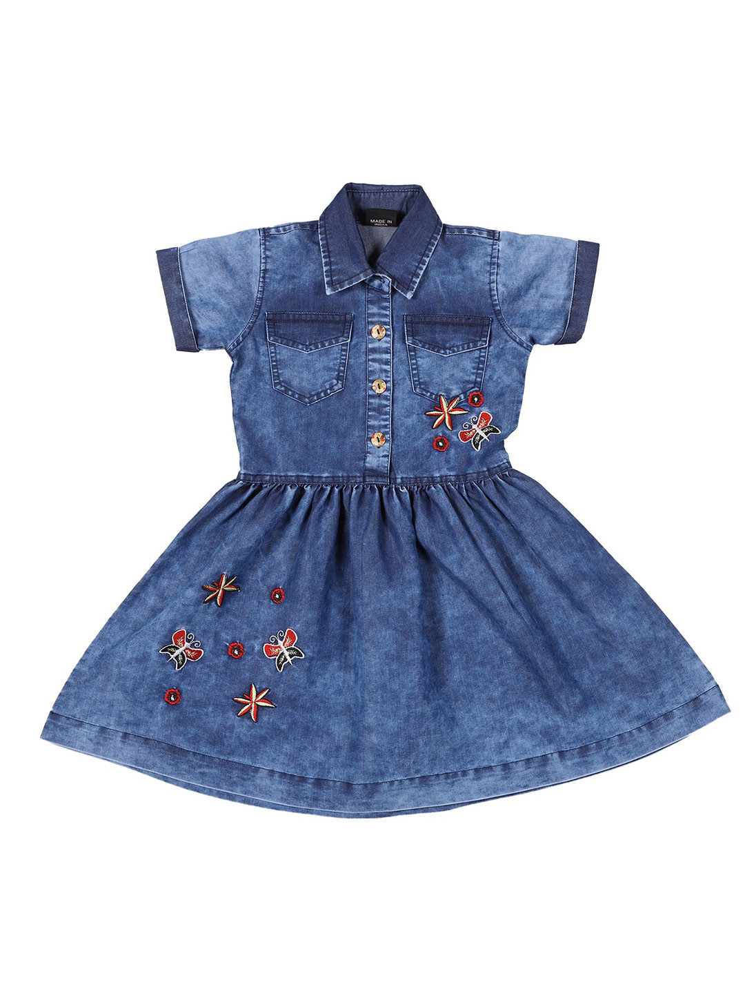 Buy CREMLIN CLOTHING Kids Girls Blue Shirt Collar Embroidered Denim A Line Dress Dresses for