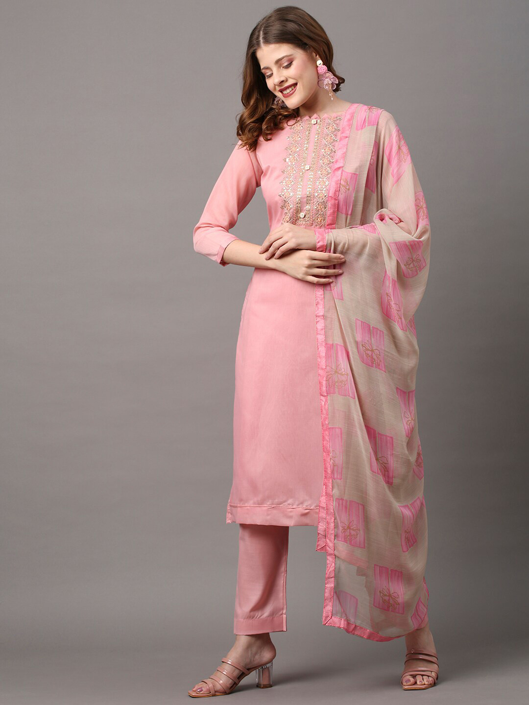 Buy Saree Mall Pink & Grey Embroidered Unstitched Dress Material