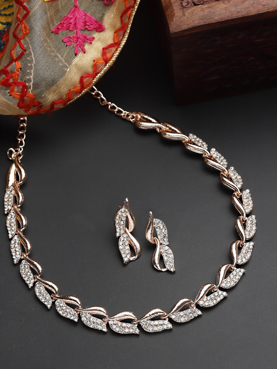 Buy ZENEME Rose Gold Plated & White CZ Studded Jewellery Set