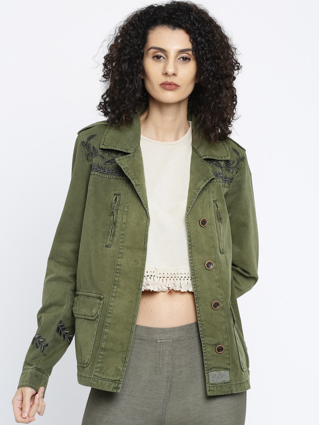 urban olive green denim jacket with zip and hood