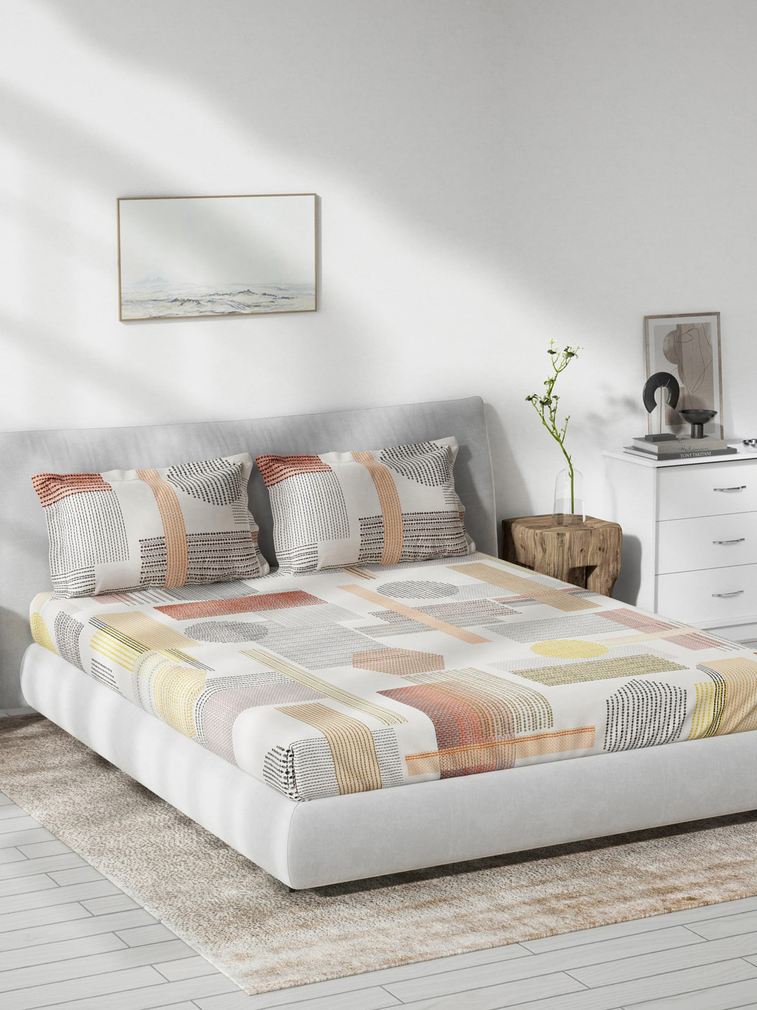 Buy DDecor White & Yellow Geometric 144 TC King Bedsheet With 2 Pillow