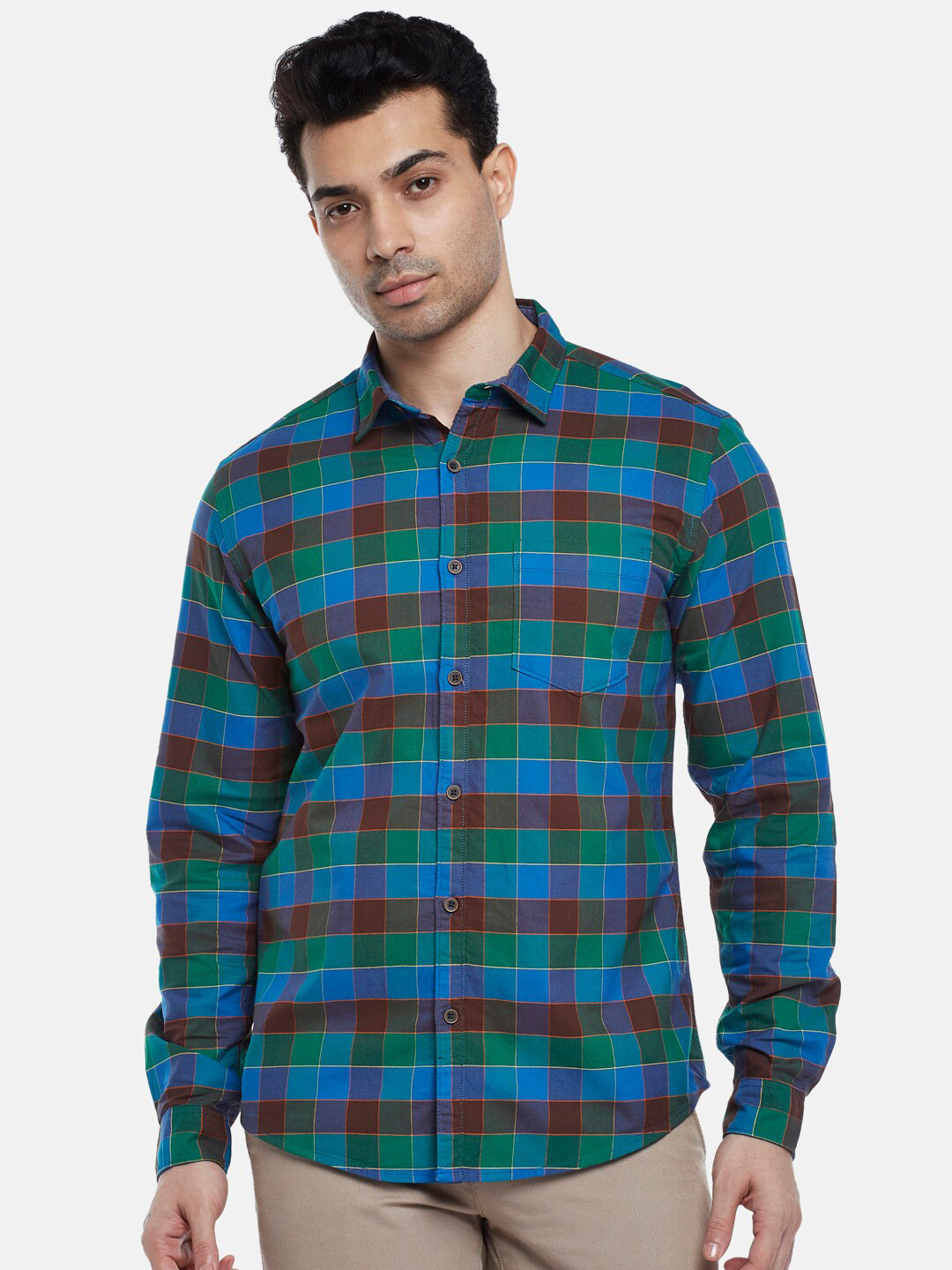Men's Green Slim Fit Tartan Checks Chambray Collar Cotton Casual Shirt