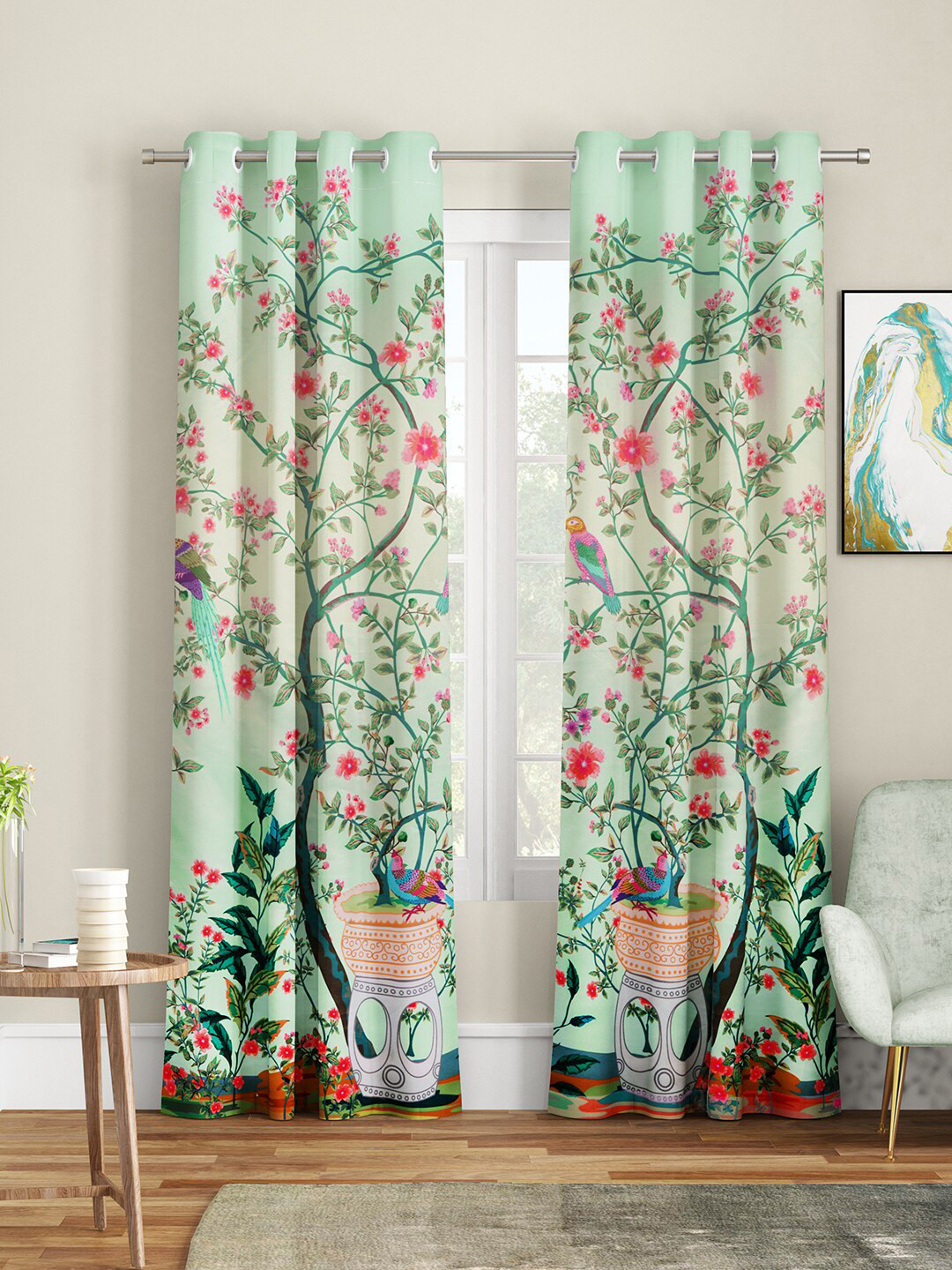 Buy SEJ By Nisha Gupta Green & Red Set Of 2 Floral Door Curtain Curtains And Sheers for Unisex