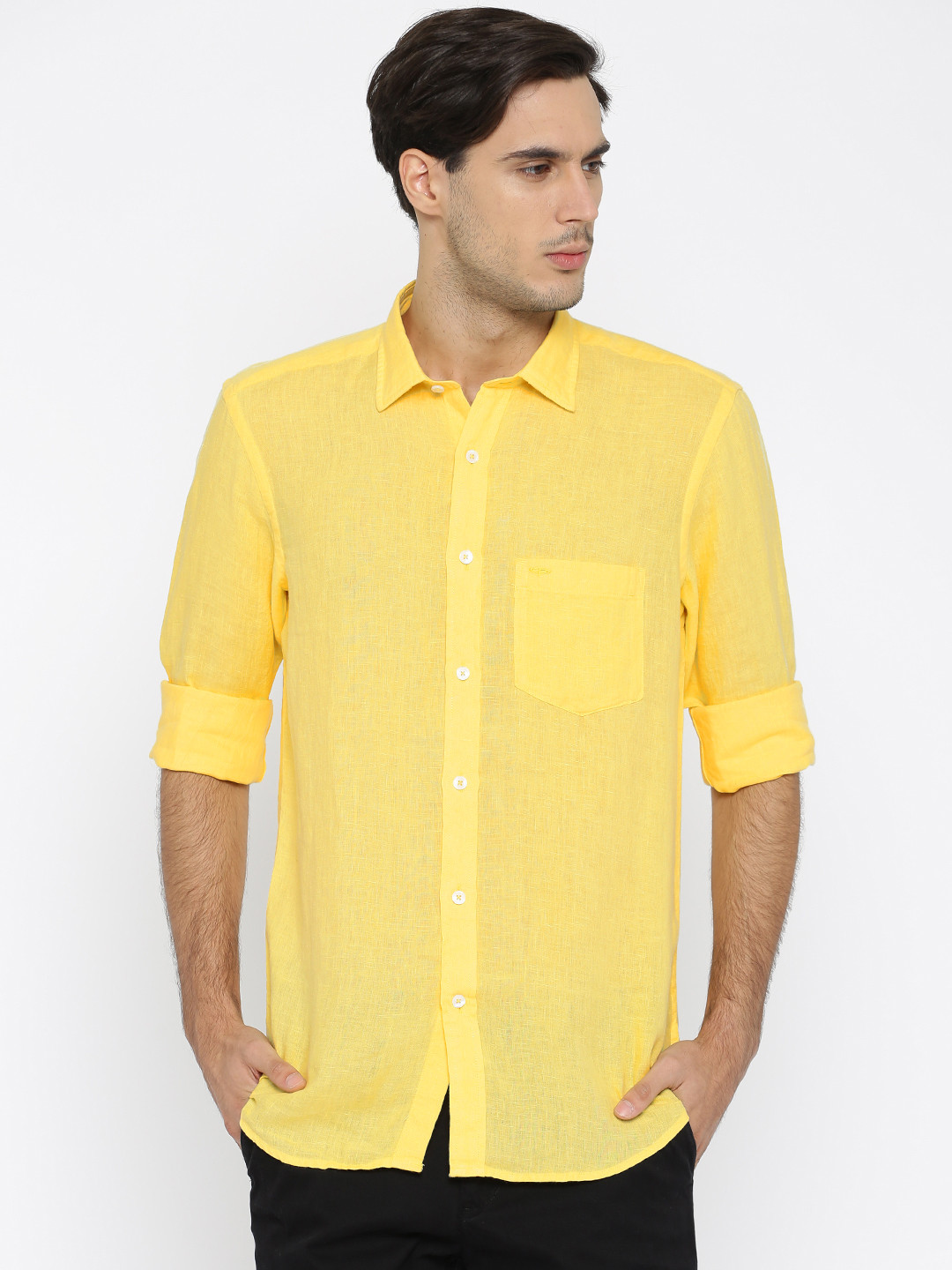 Solid Yellow Men's Plus Size Cotton Shirt