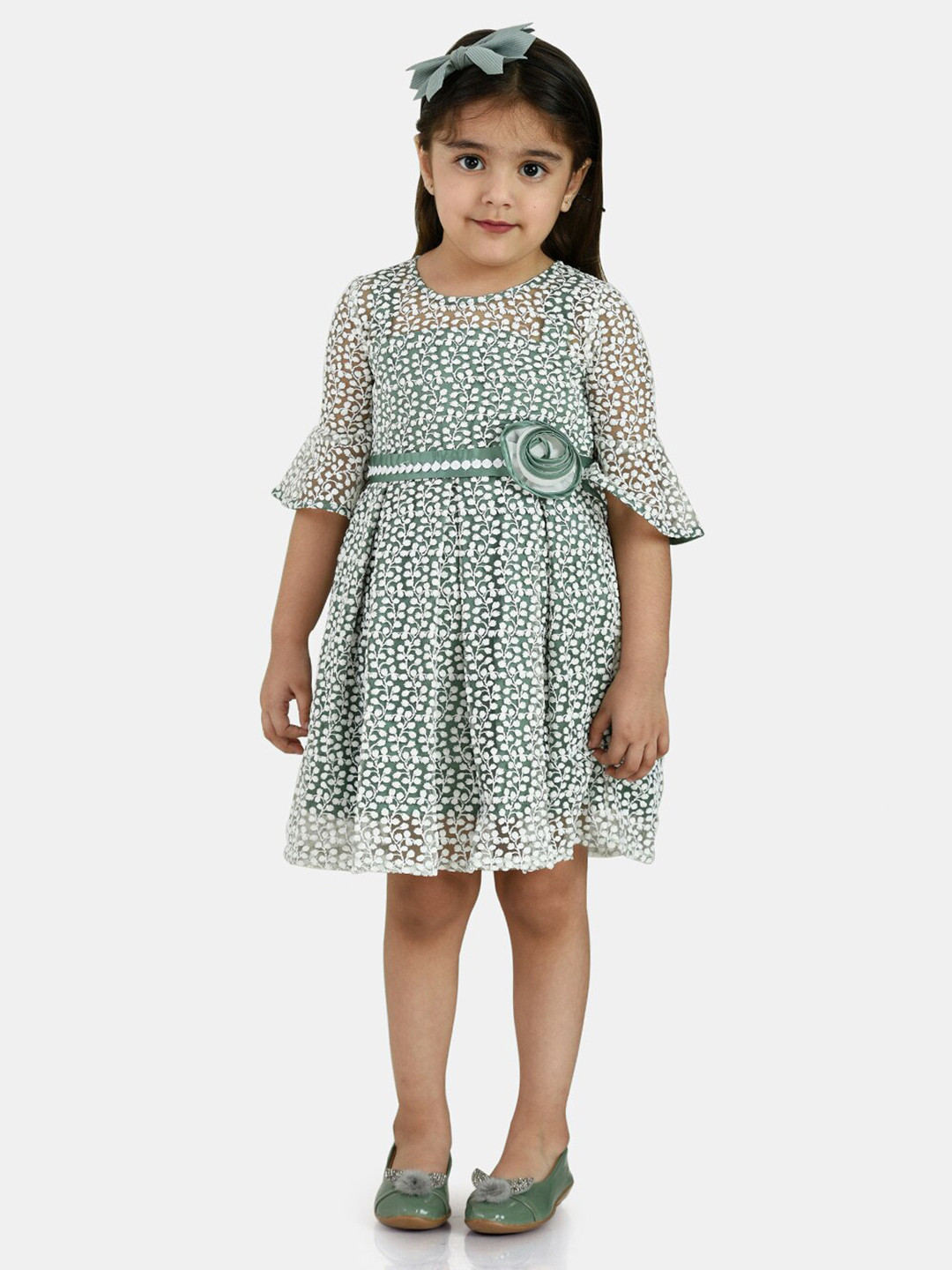 Buy Peppermint Olive Green Animal Net A Line Dress Dresses for Girls