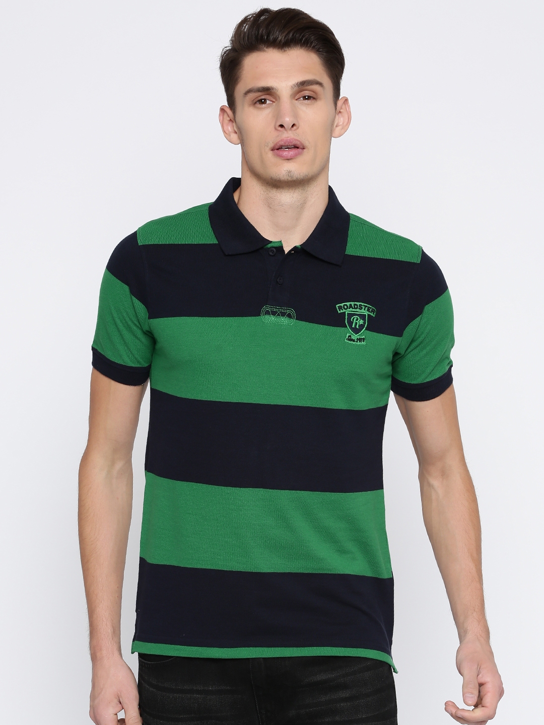 Buy Roadster Men Green & Navy Blue Striped Polo Collar T Shirt ...