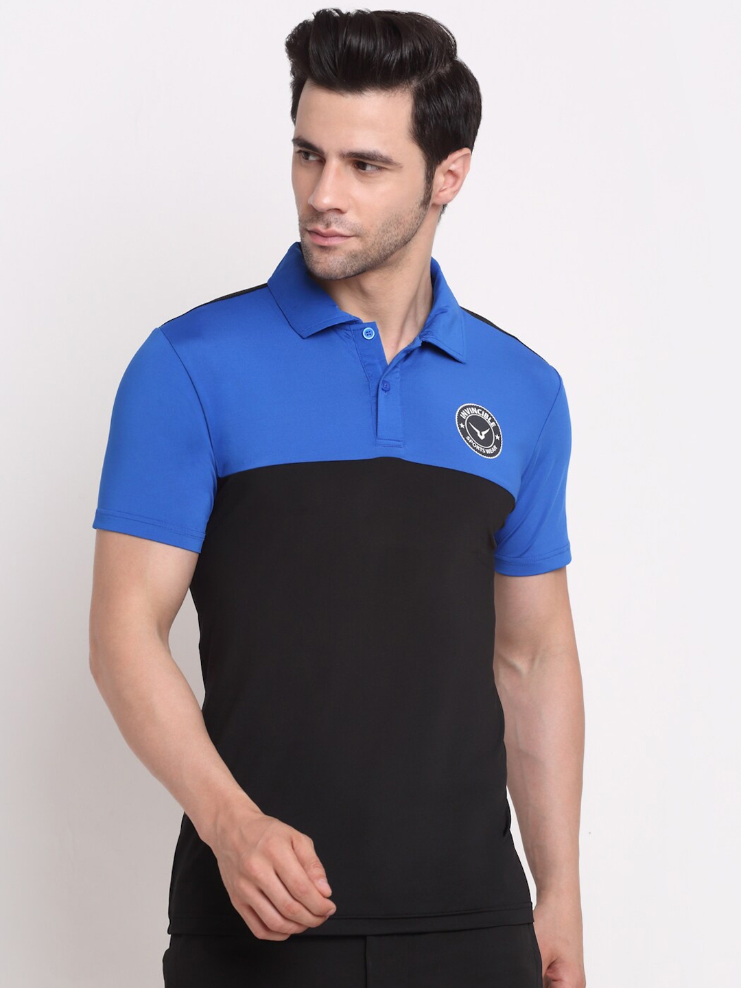 Buy Invincible Men Black & Blue Colourblocked Polo Collar Slim Fit T ...