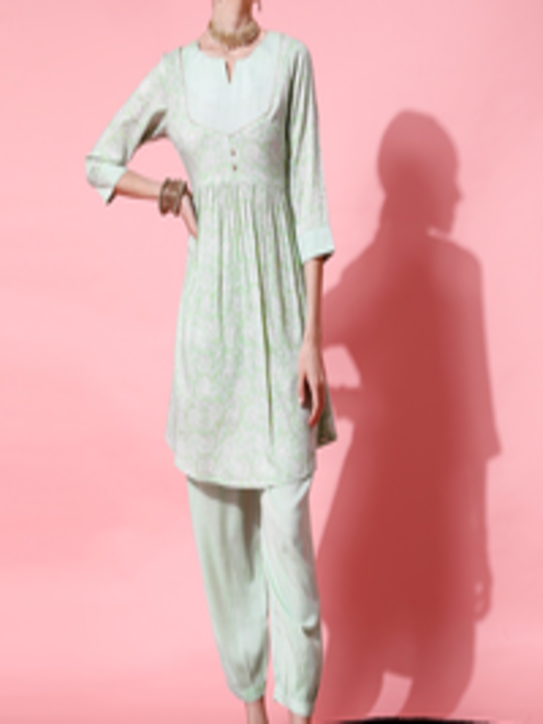 Buy STREET 9 Women Green Panelled Kurti With Trousers - Kurta Sets for ...