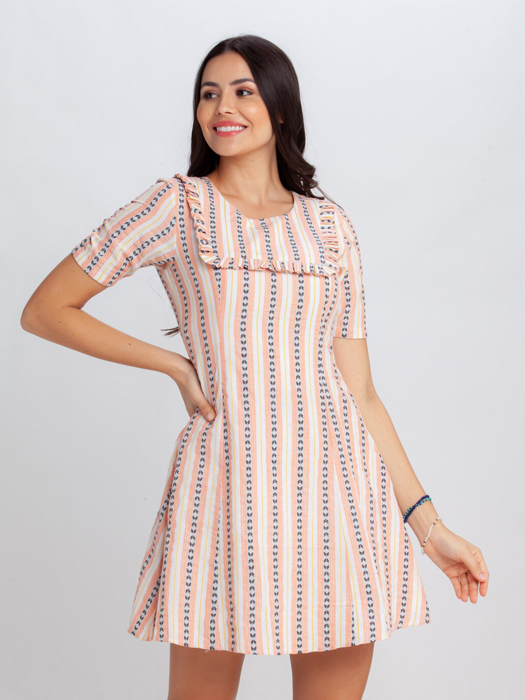 Buy Zink London Peach Coloured Striped A Line Dress Dresses for Women