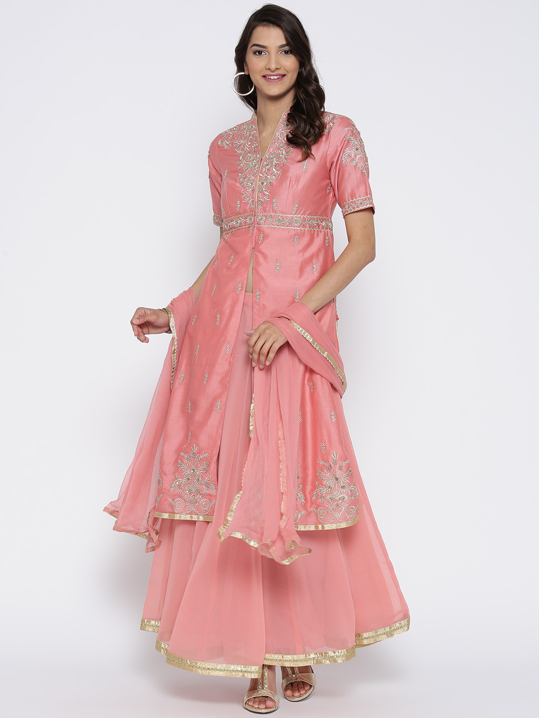 Buy Biba Pink Embroidered A Line Kurta With Skirt & Dupatta Kurta