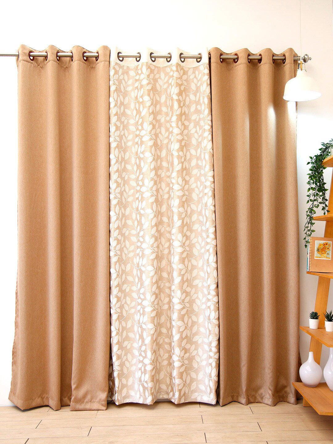Buy Ariana Beige & Brown Set Of 3 Room Darkening Long Door Curtain