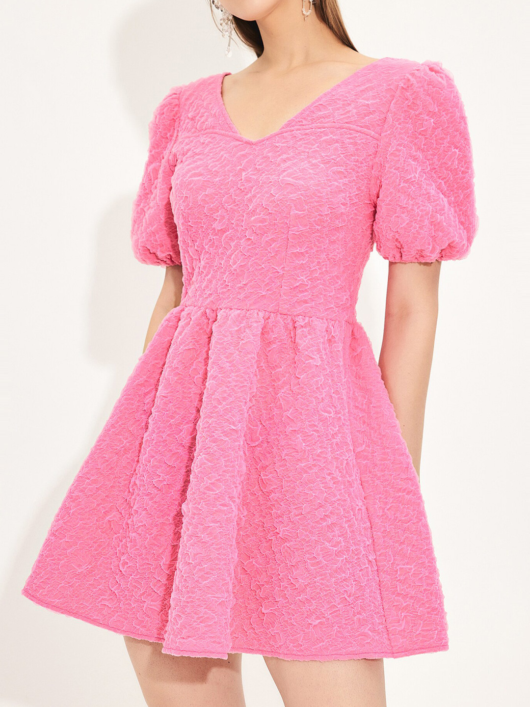 Buy URBANIC Pink Self Design Fit & Flare Mini Dress Dresses for Women