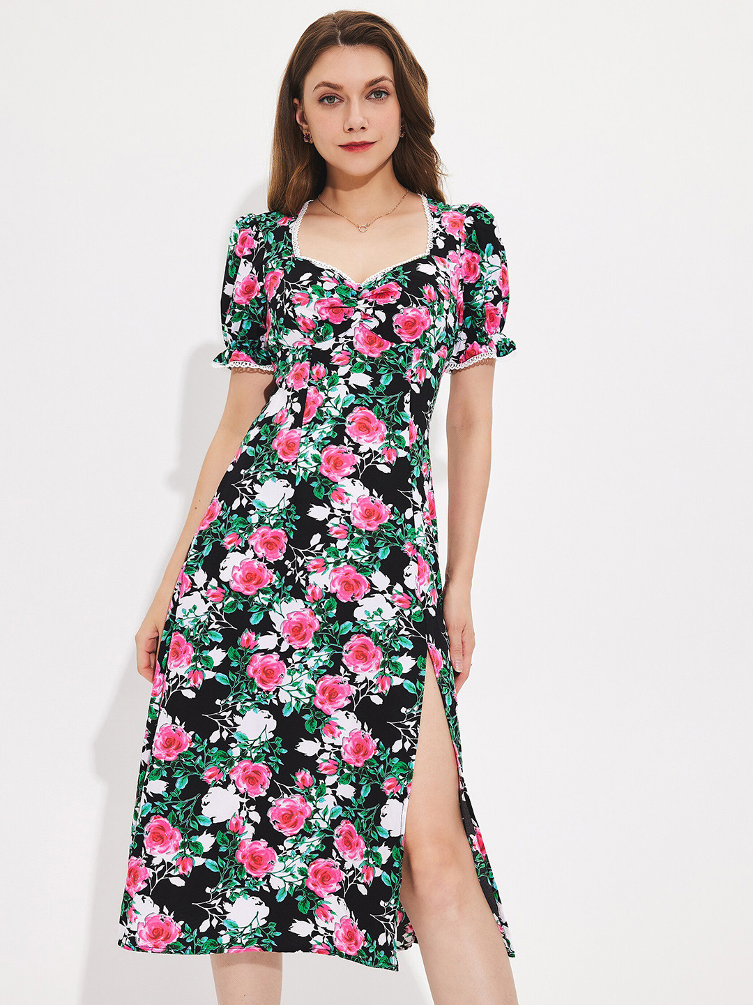 BLACK W/PINK FLORAL LONG SLEEVE MIDI DRESS