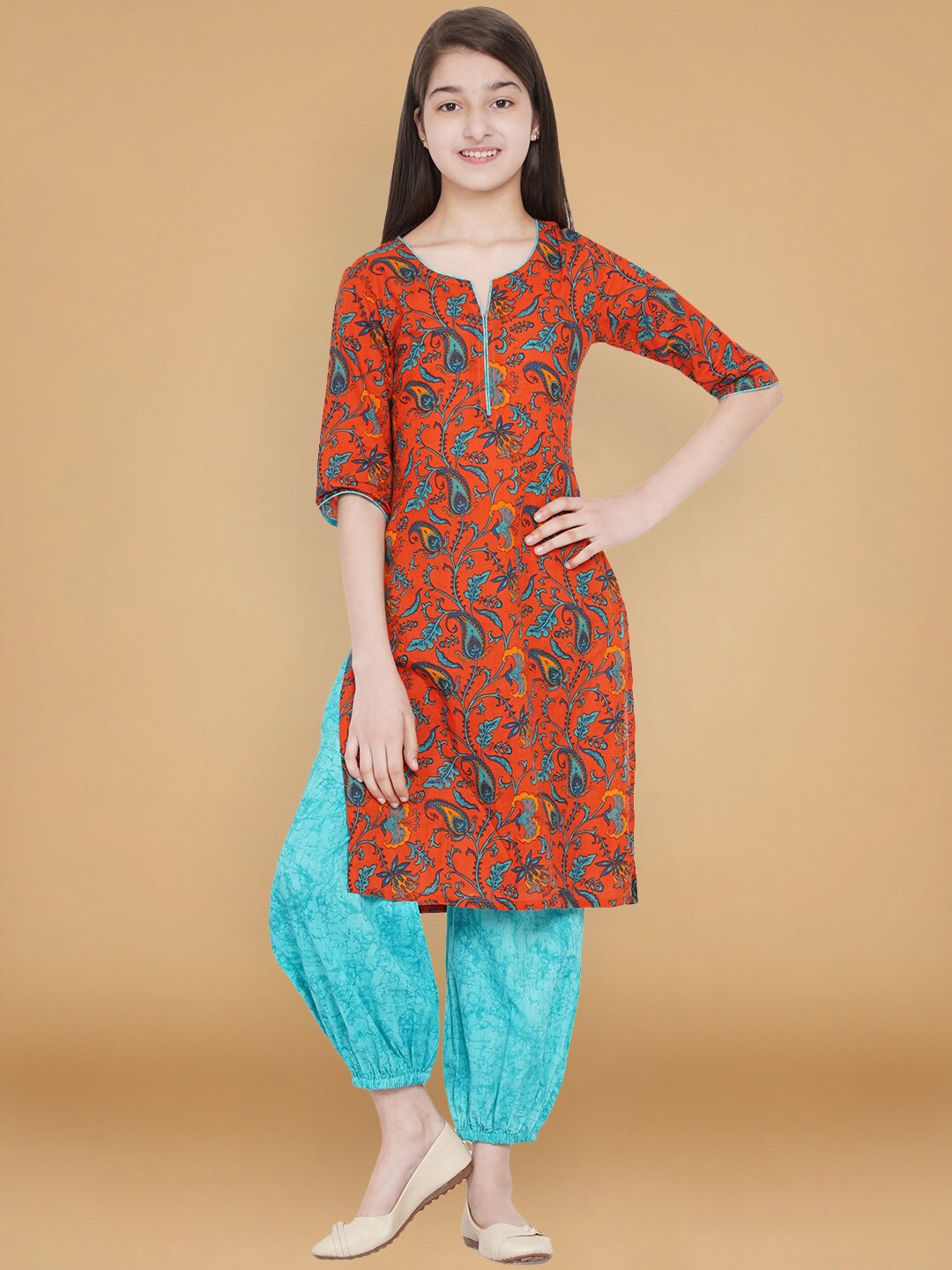 Buy Titliyan Girls Red Bandhani Printed Layered Pure Cotton Kurti With ...