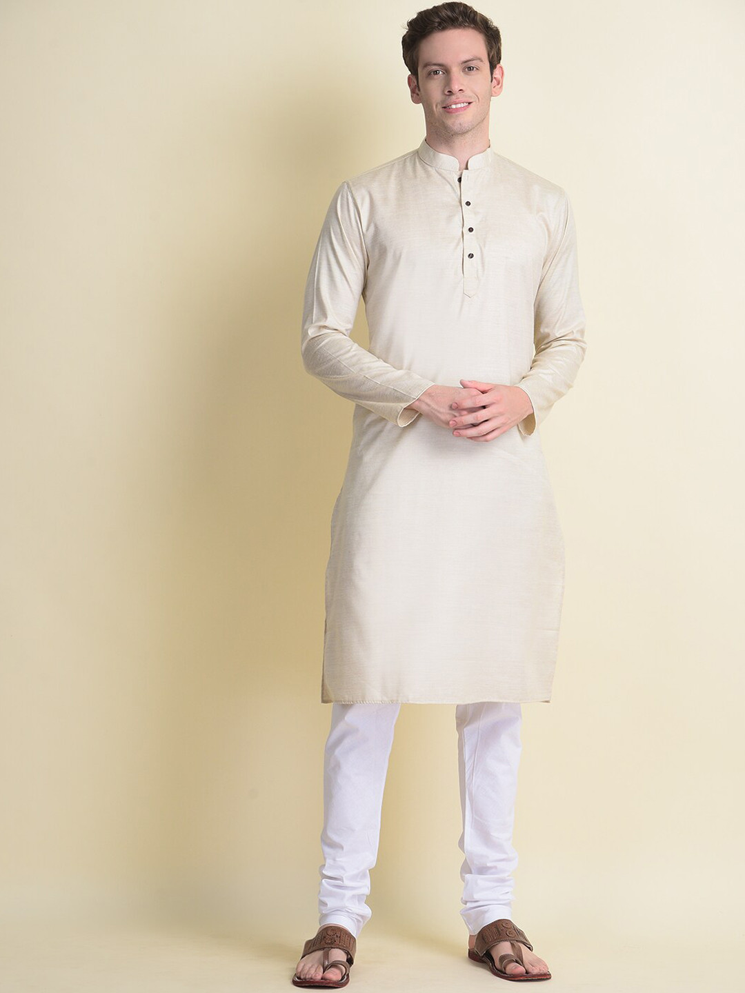 Buy NAMASKAR Men Cream Coloured Cotton Solid Kurta With Churidar