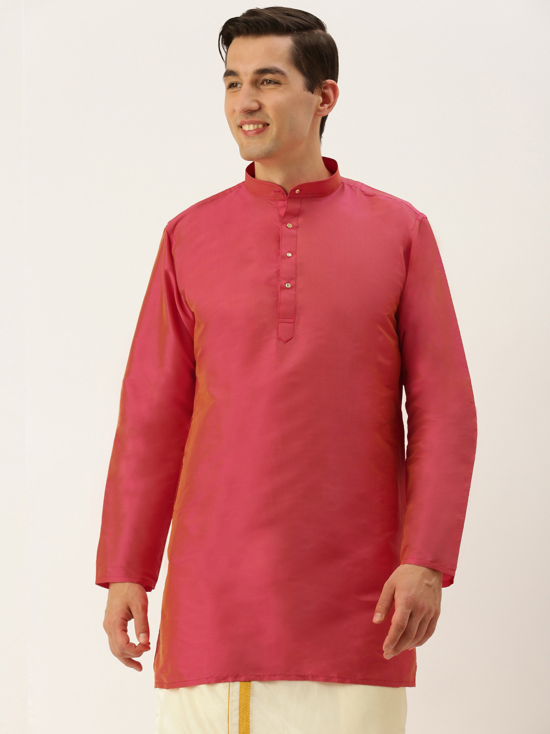 Buy THANGAMAGAN Men Pink Solid Straight Kurta With Link Detail Kurtas