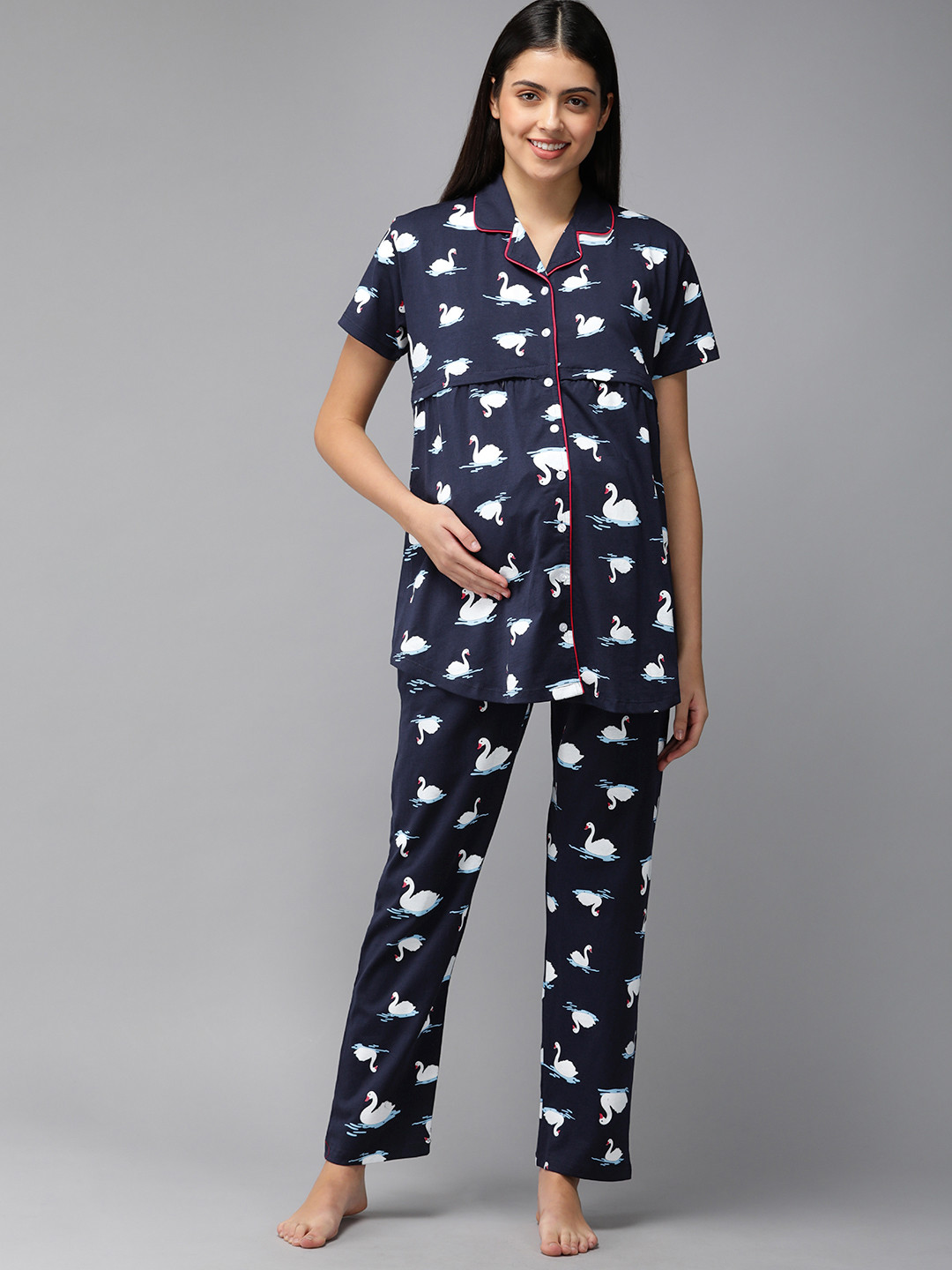 Buy Zeyo Women Navy Blue & White Pure Cotton Printed Maternity & Feeding Pyjama Set Night