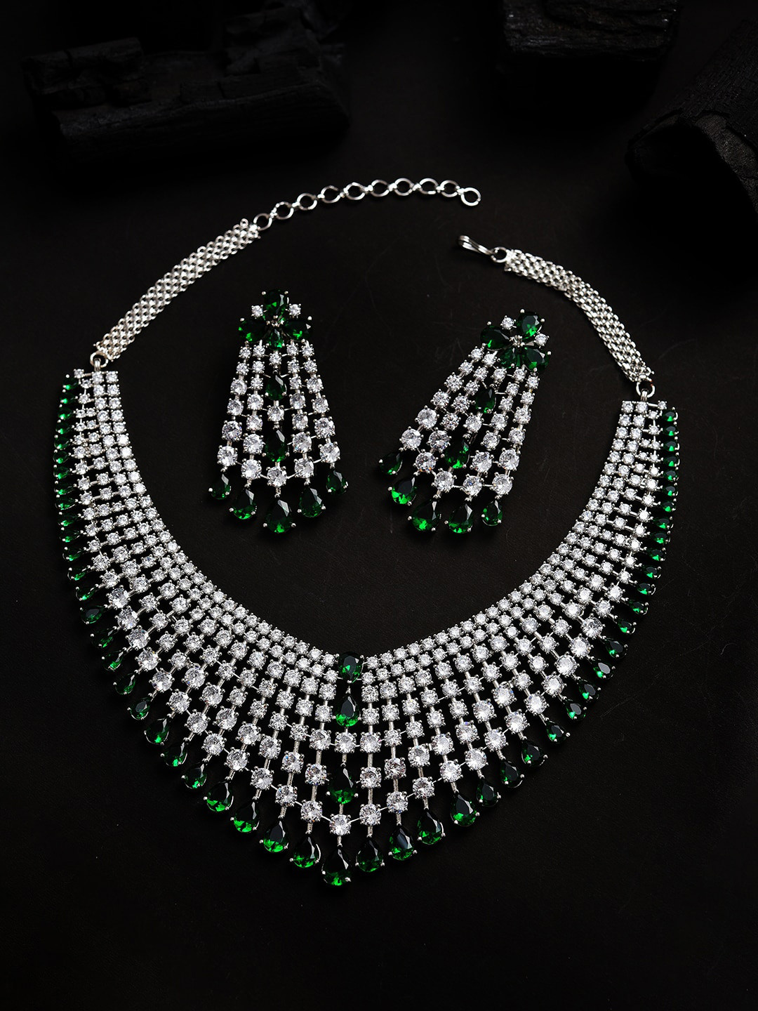Buy SOHI Silver Plated Green Stone Studded Jewellery Set Jewellery