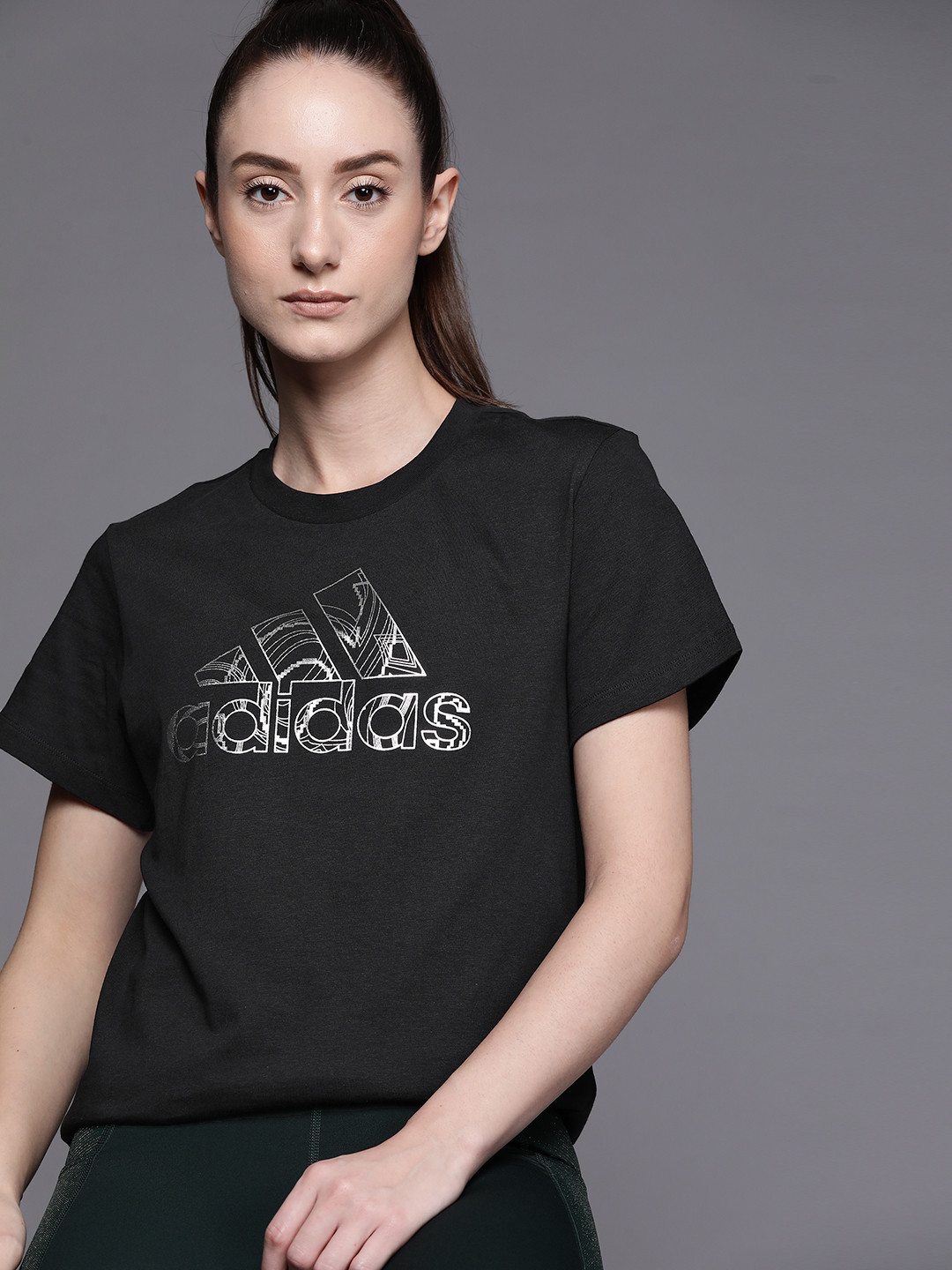 Buy ADIDAS Women Black Brand Logo Printed Pure Cotton T Shirt Tshirts