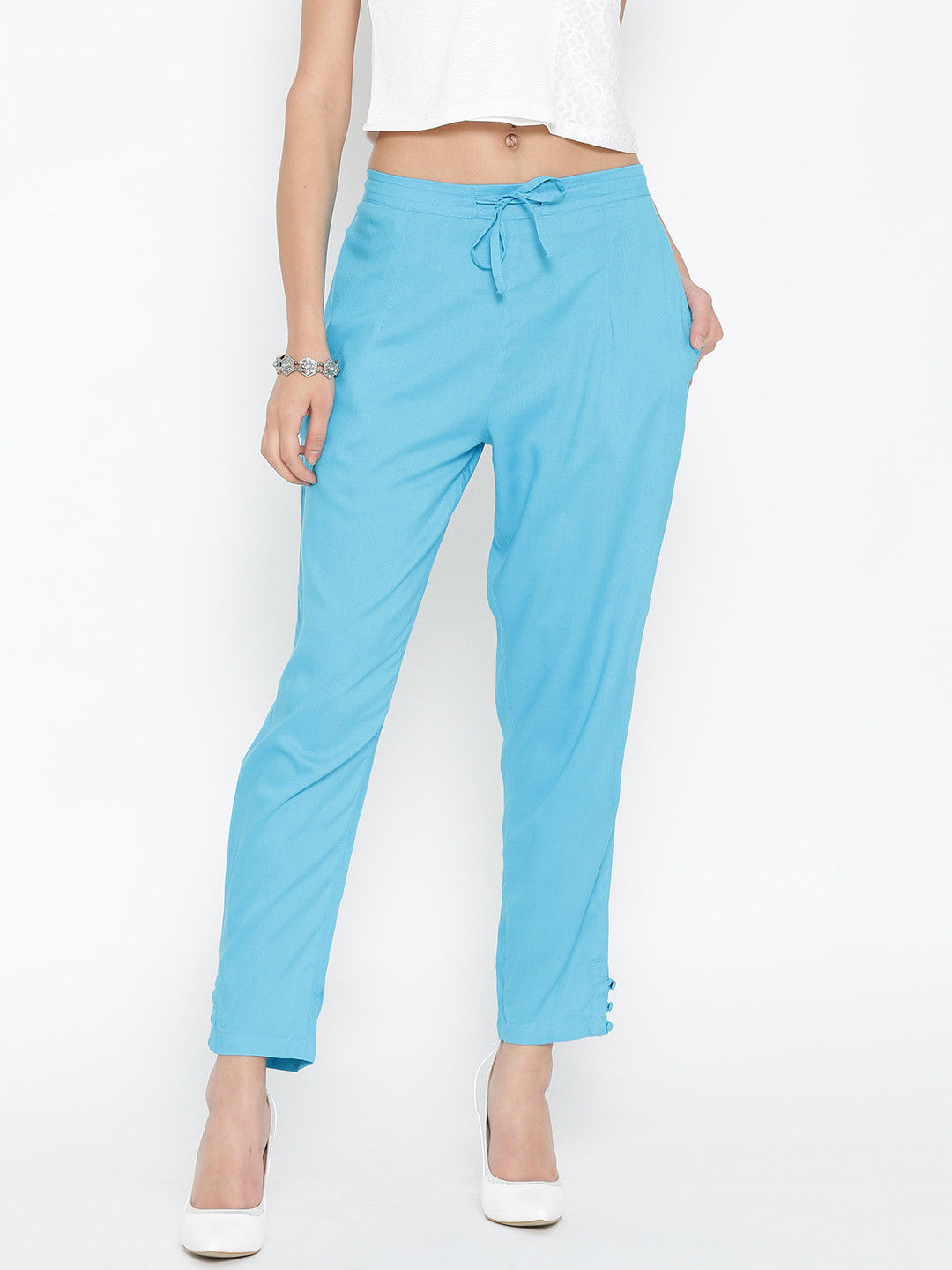 Buy Shree Women Turquoise Blue Solid Casual Trousers Trousers for