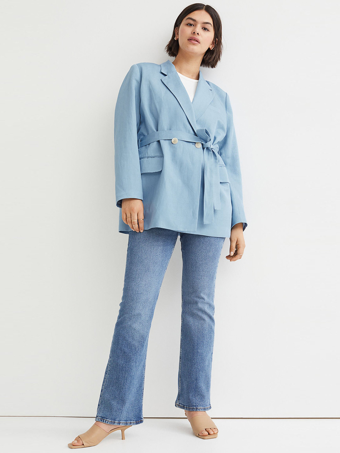 Buy H&M Blue Belted Linen Blend Jacket Blazers for Women 18531770