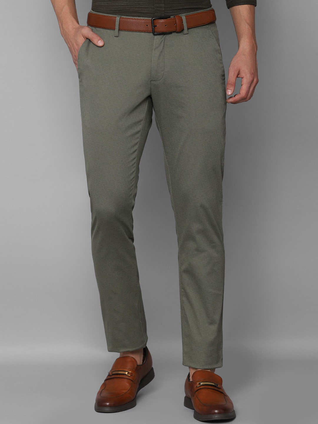 Buy Allen Solly Men Olive Green Textured Slim Fit Trousers Trousers