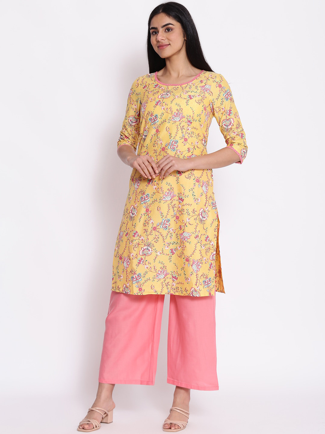 AARFA | Women’s Yellow Black Ethnic Suit Set | Statement Floral Kurta Palazzo Dupatta Set main image 1