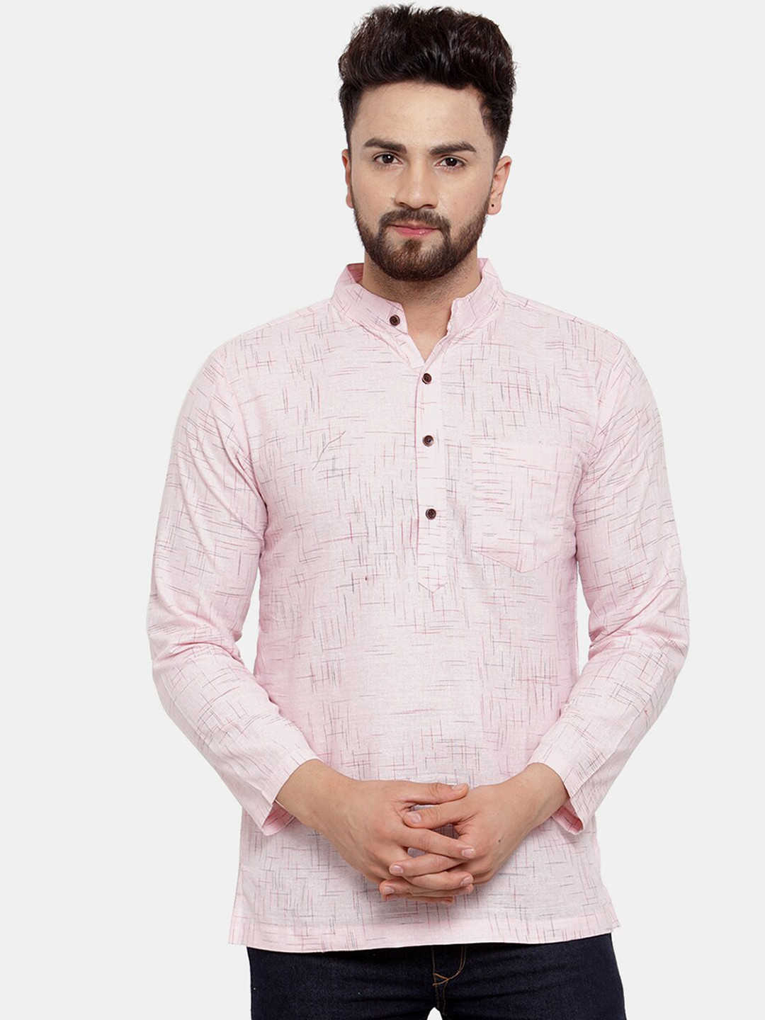 Men Pink Geomatric Printed Kurta With Churidar