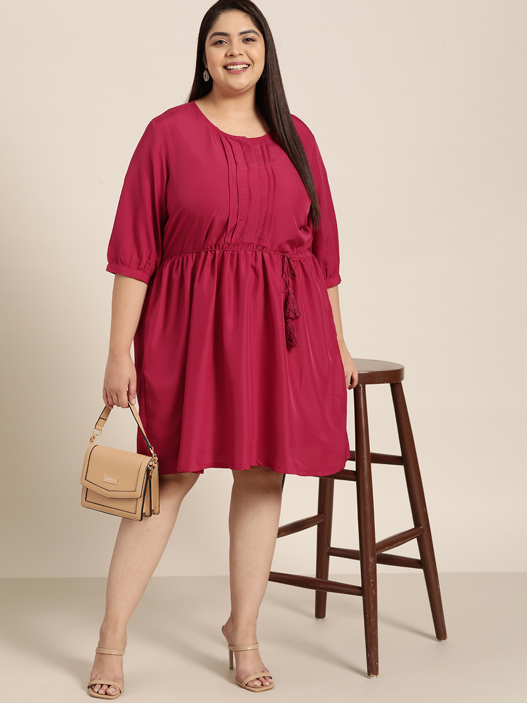 Women's Plus Size Magenta With Multi Striped Shirt Dress