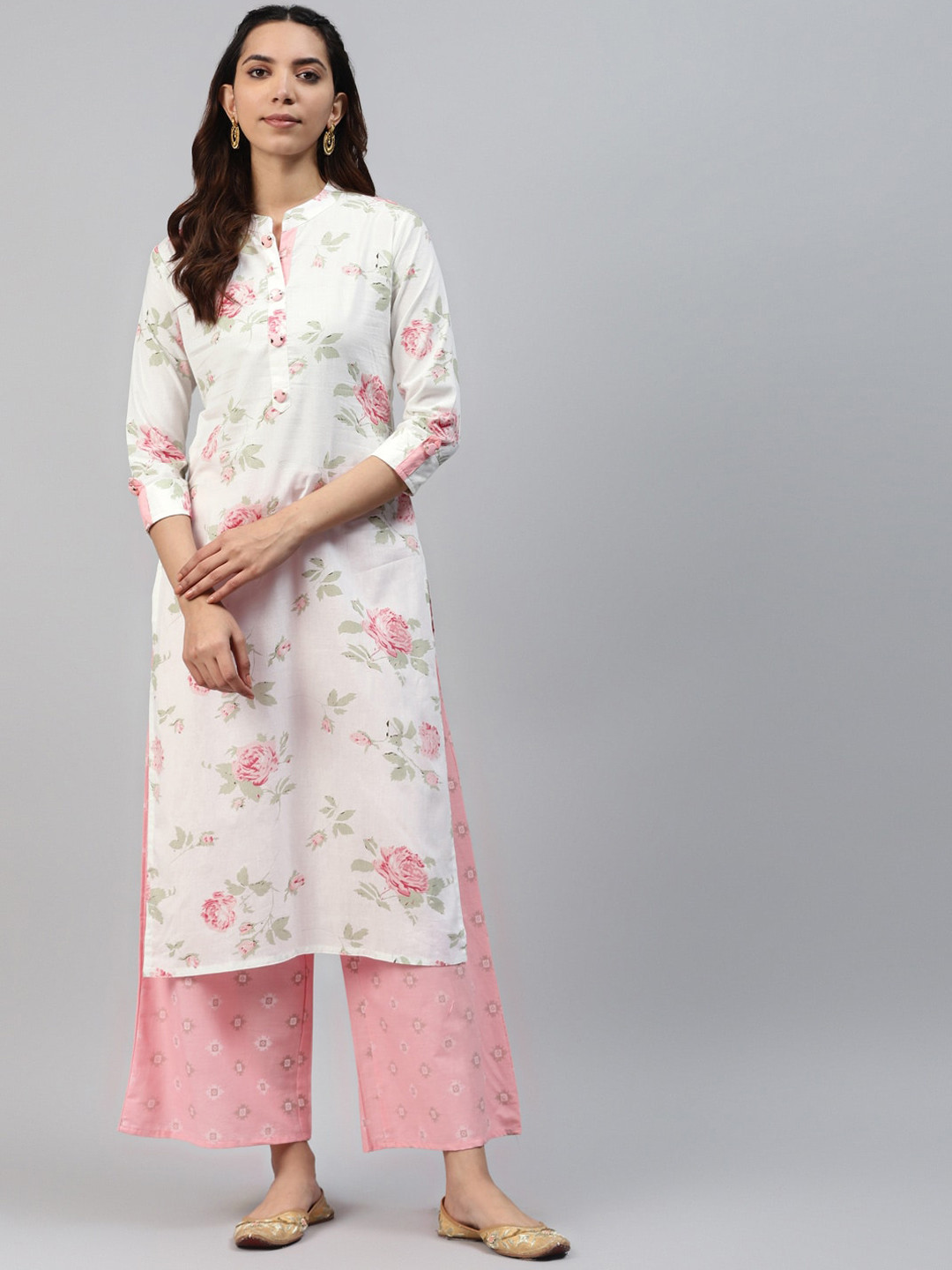 Off White & Pink Floral Printed Kurta Set With Striped Pallazo