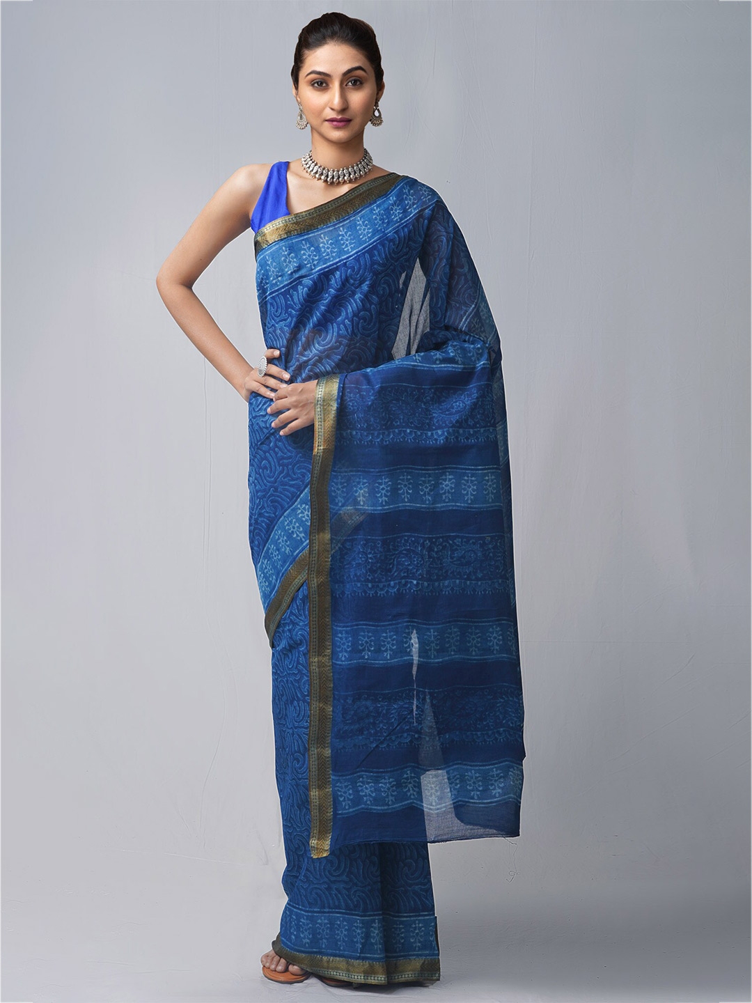 Buy Unnati Silks Navy Blue Floral Pure Cotton Dabu Saree - Sarees for ...