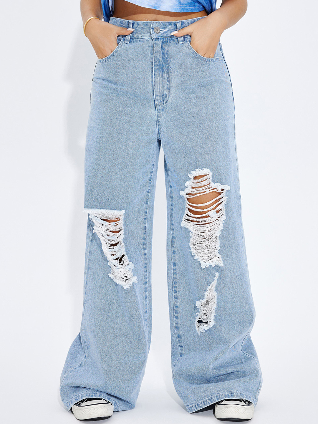 Buy URBANIC Women Blue Wide Leg Highly Distressed Jeans Jeans for