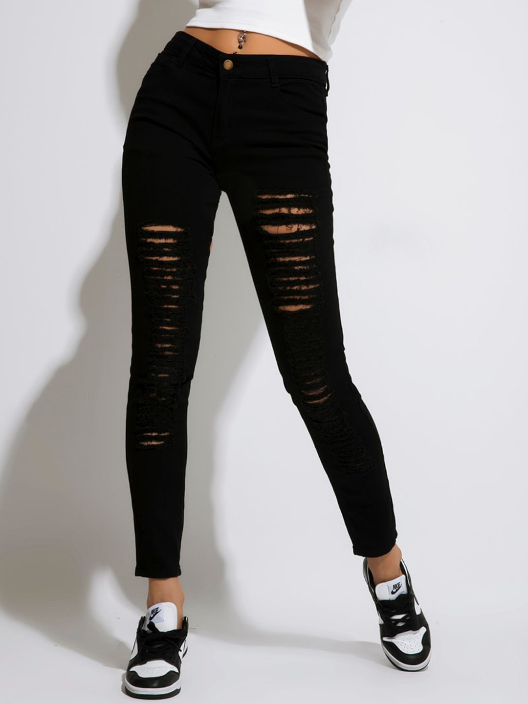 Buy URBANIC Women Black Highly Distressed Ripped Skinny Jeans Jeans