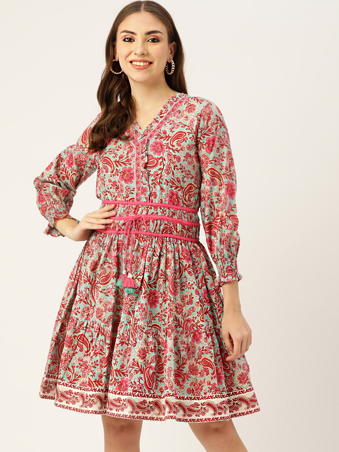 Buy Jaipur Morni Blue & Pink Ethnic Motifs Ethnic A Line Dress Ethnic