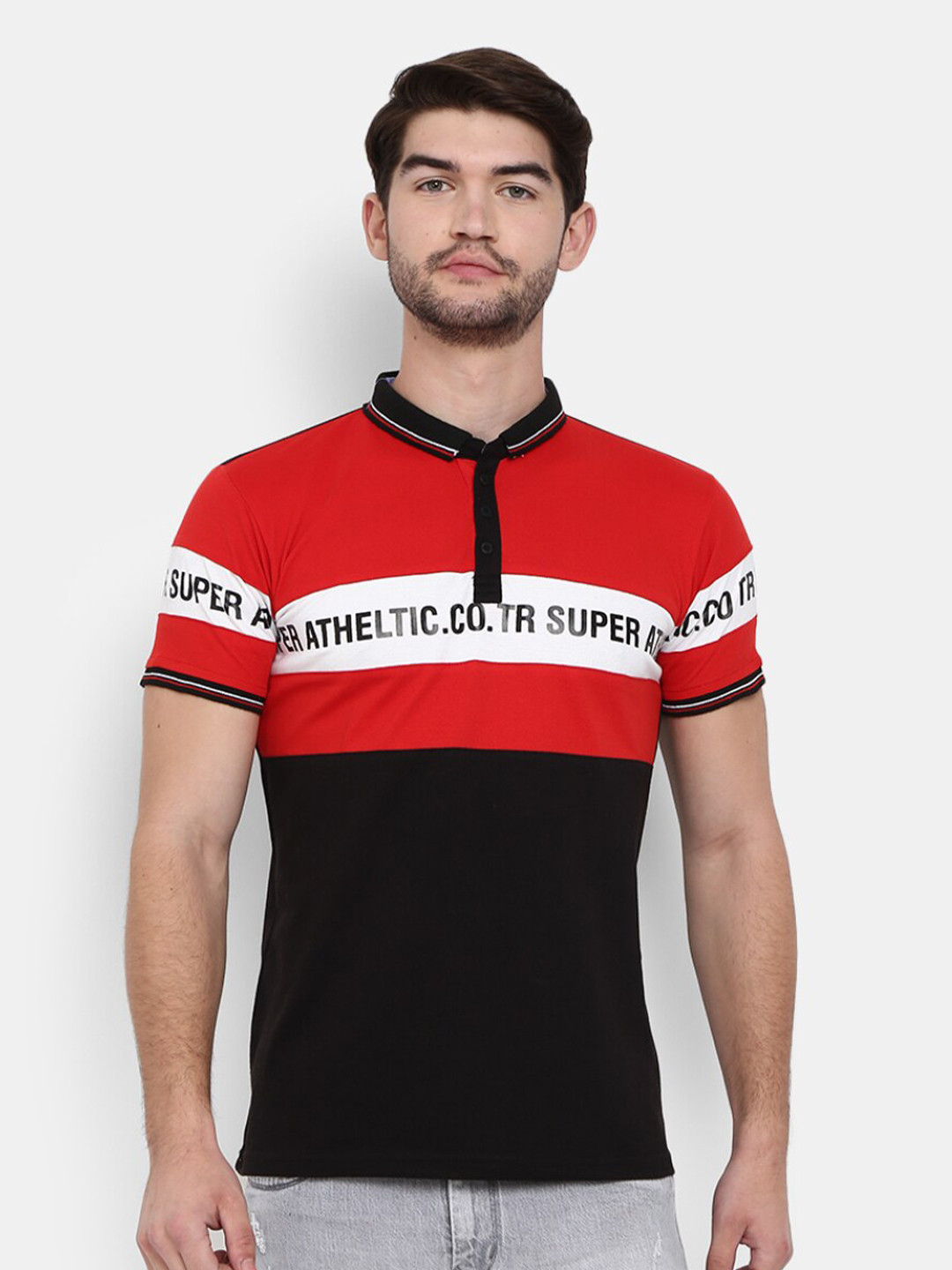 Buy V Mart Men Black Striped Mandarin Collar Slim Fit Cotton T Shirt