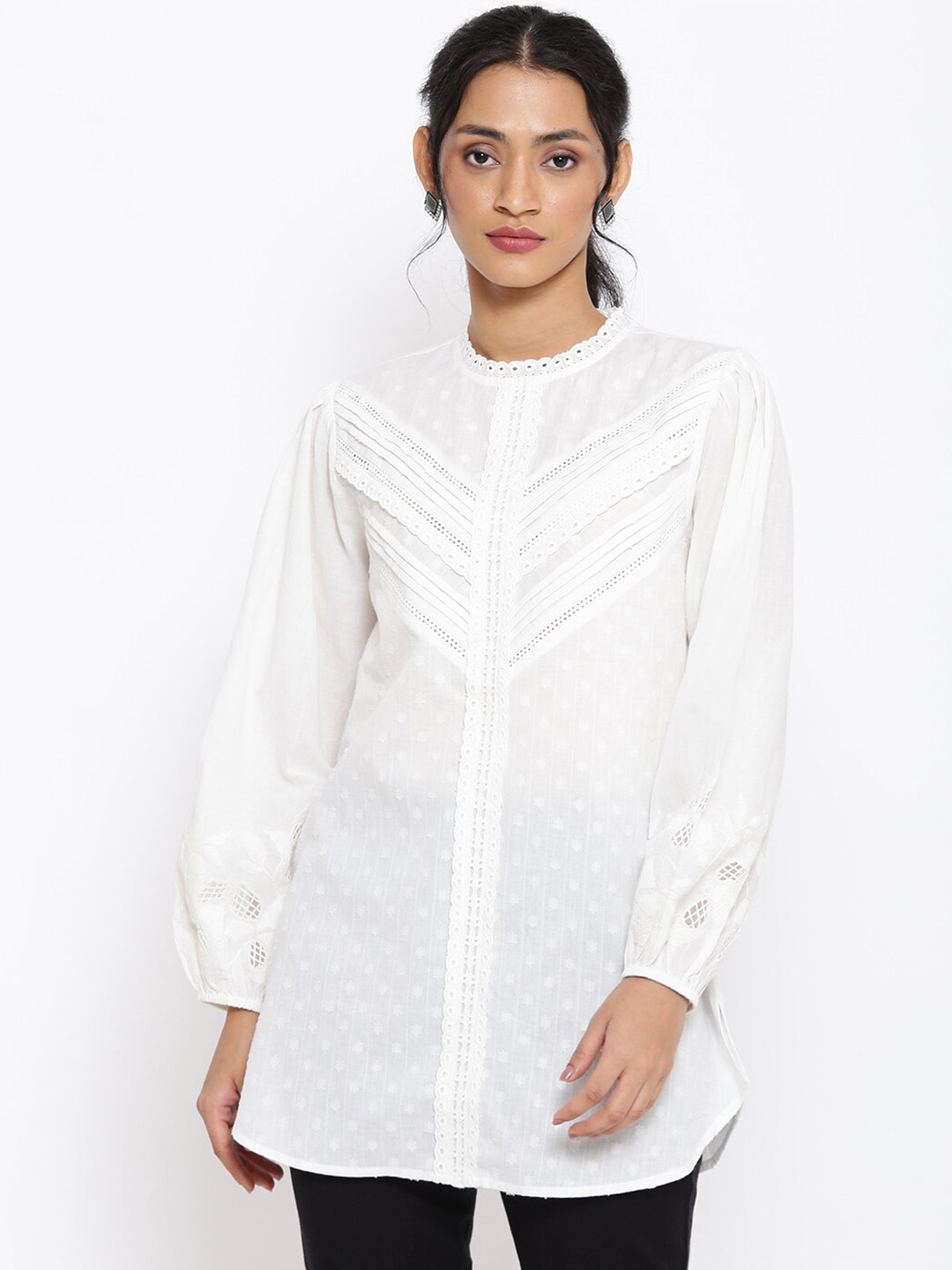 Buy W White Mandarin Collar Shirt Style Longline Top Tops for Women 18548354 Myntra