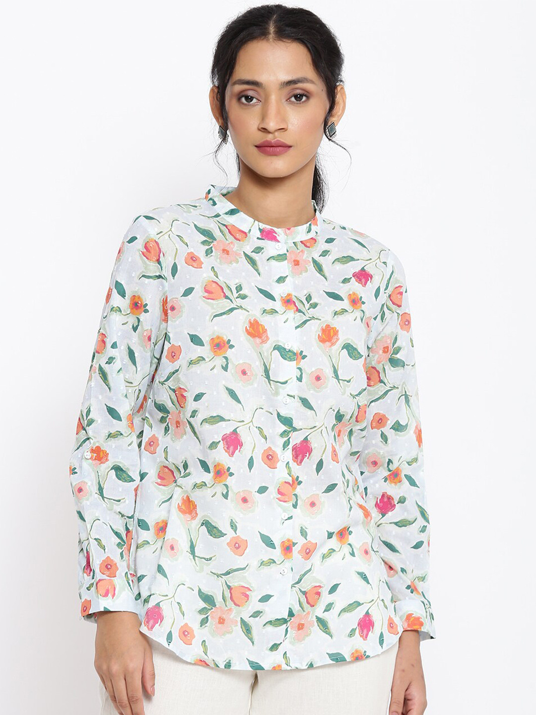 Buy W Women Blue Floral Print Mandarin Collar Shirt Style Top - Tops ...