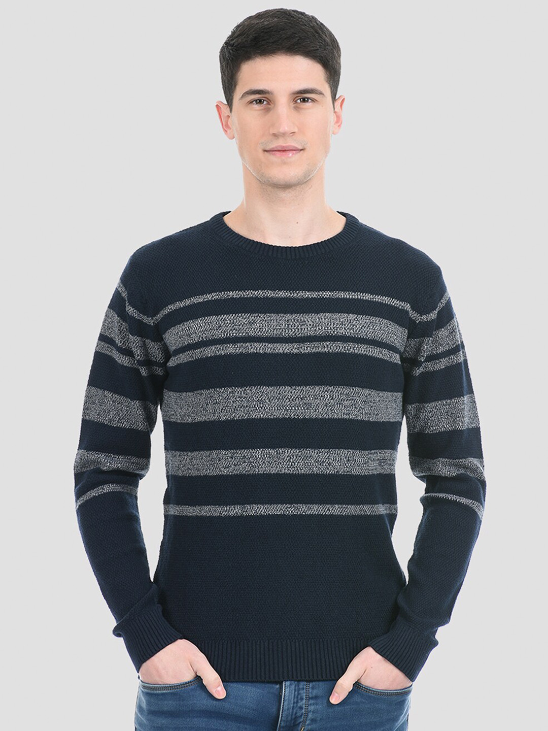 Buy PORTOBELLO Men Blue & Grey Striped Pullover Sweaters for Men