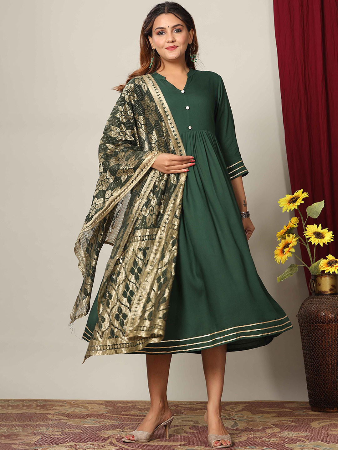 Rama green Rayon Shoulder Strip Anarkali Kurta with Net Dupatta