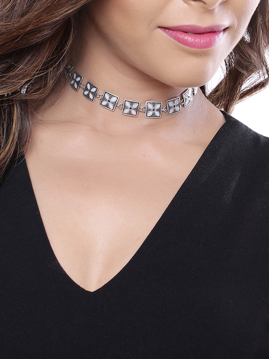 Buy Studio Voylla Silver Toned Floral Handcrafted Madhubani Choker Necklace - Necklace And