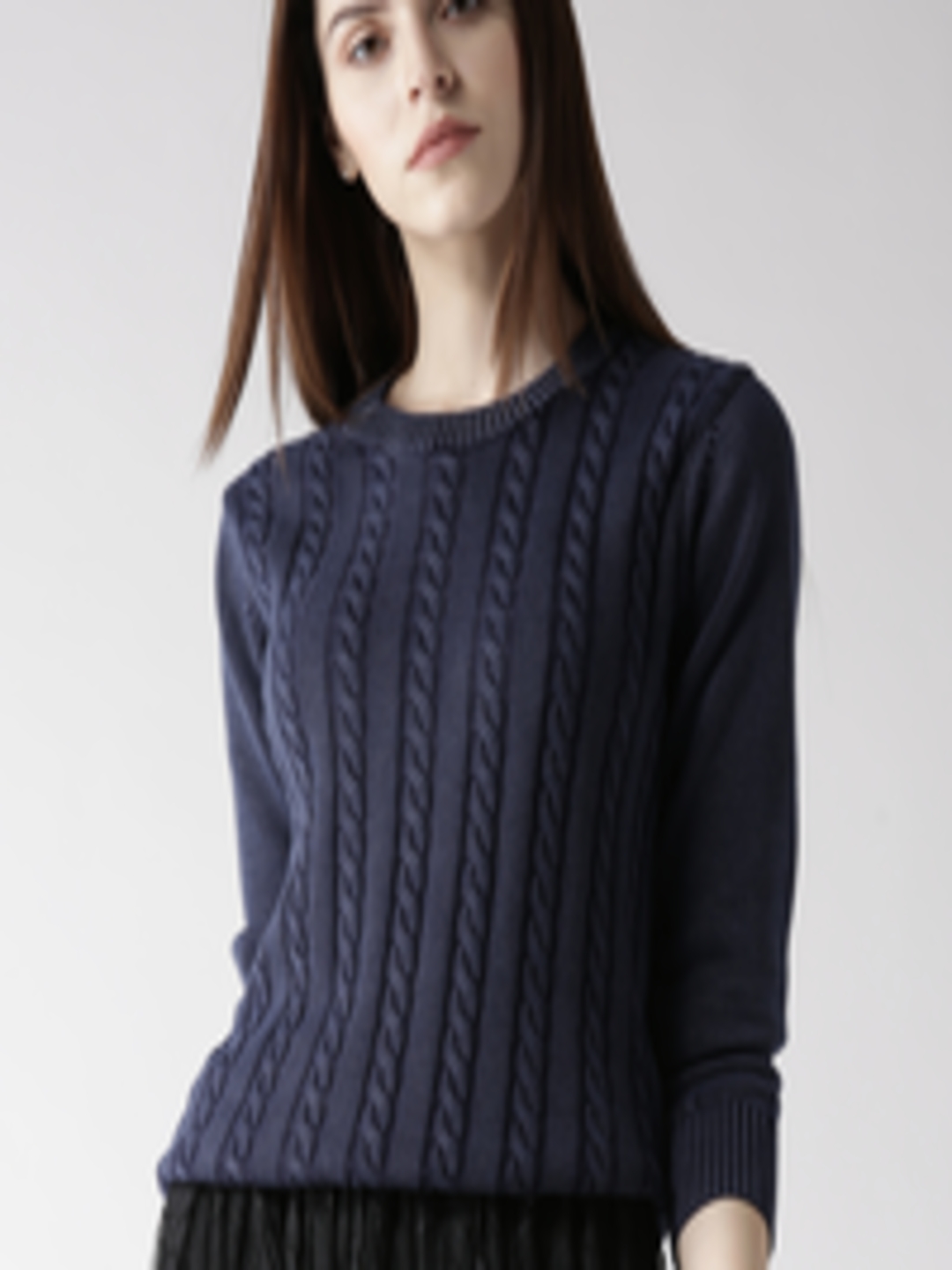 Buy Mast & Harbour Women Navy Blue Cable Knit Sweater - Sweaters for ...