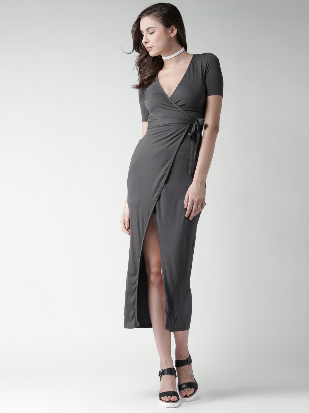 Buy FOREVER 21 Women Charcoal Grey Solid Midi Wrap Dress Dresses for Women 1857906 Myntra