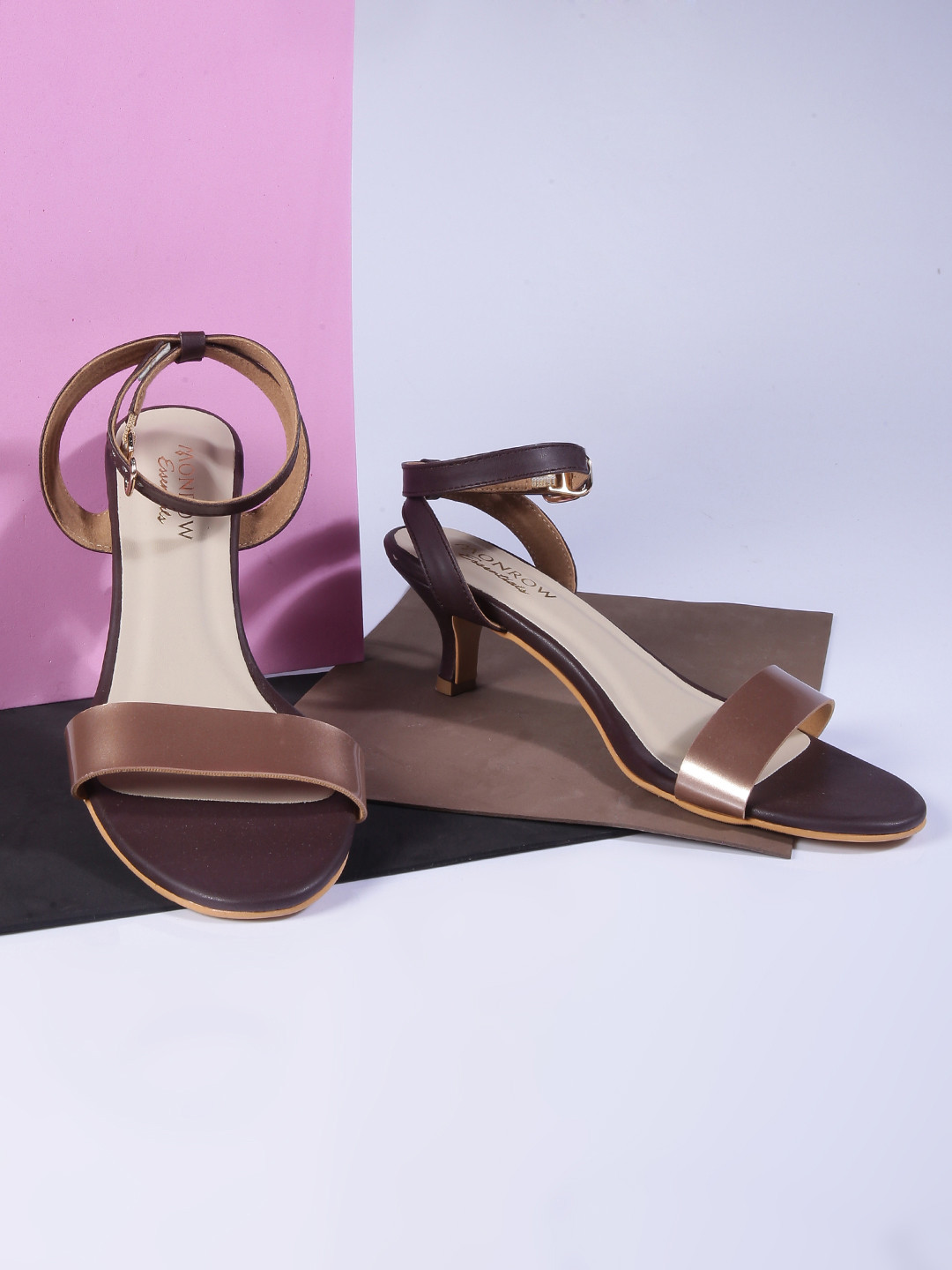 Buy Monrow Women Muted Gold Toned & Brown Colourblocked Heels Heels