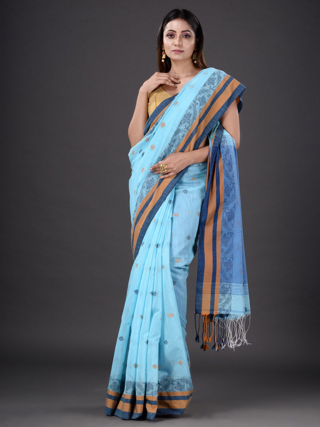 Buy Mitera Blue & Brown Woven Design Silk Cotton Saree Sarees for