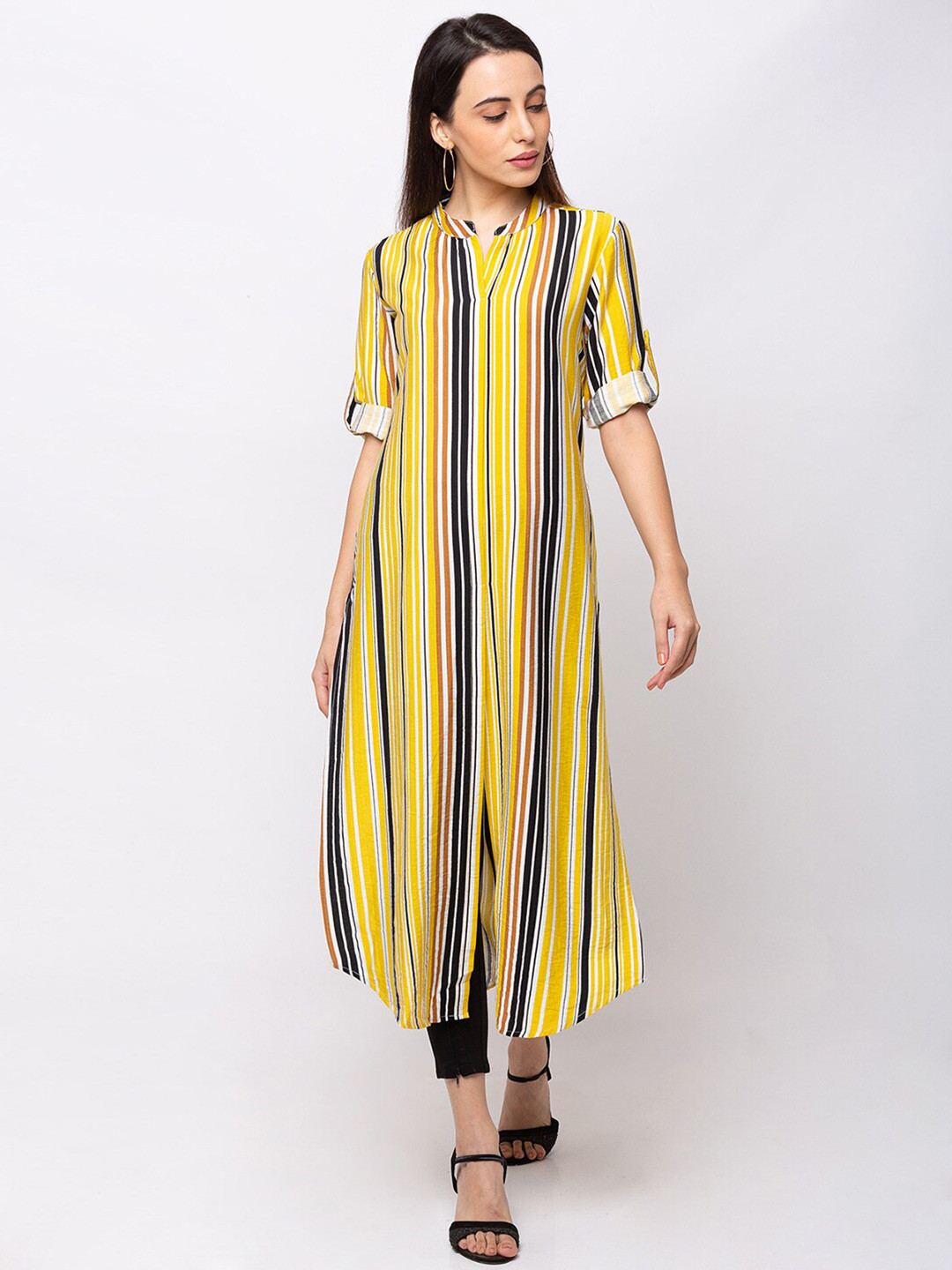 Buy SHECZZAR Yellow Striped Shirt Midi Dress Dresses for Women