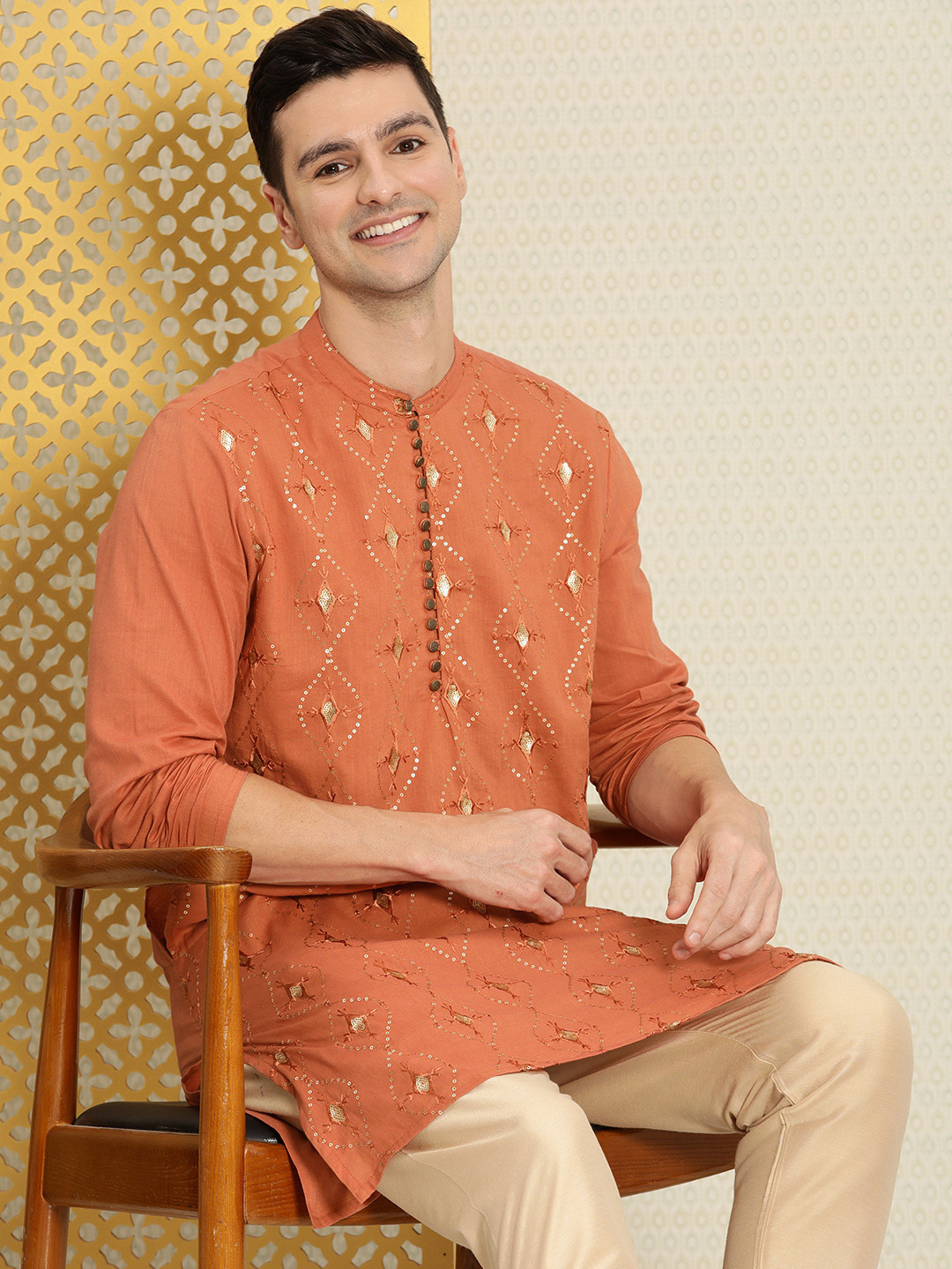 Buy House Of Pataudi Men Rust Brown Ethnic Motifs Sequins Embellished