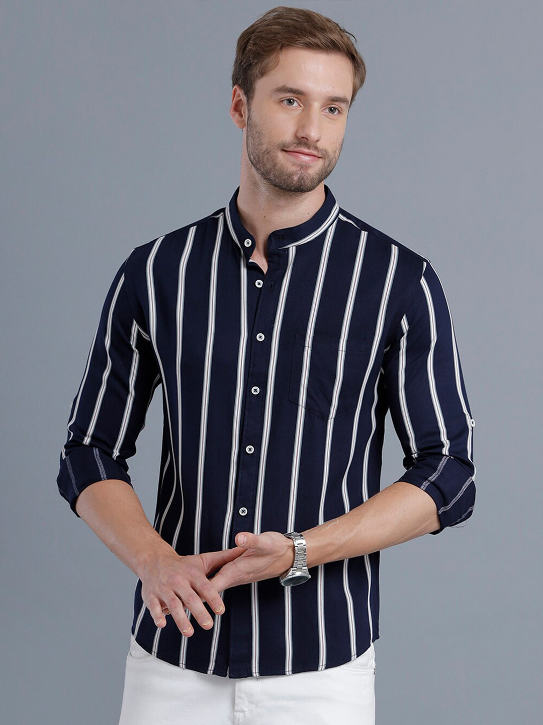 Buy YOVISH Men Navy Blue Smart Slim Fit Striped Mandarin Collar Casual Shirt Shirts for Men