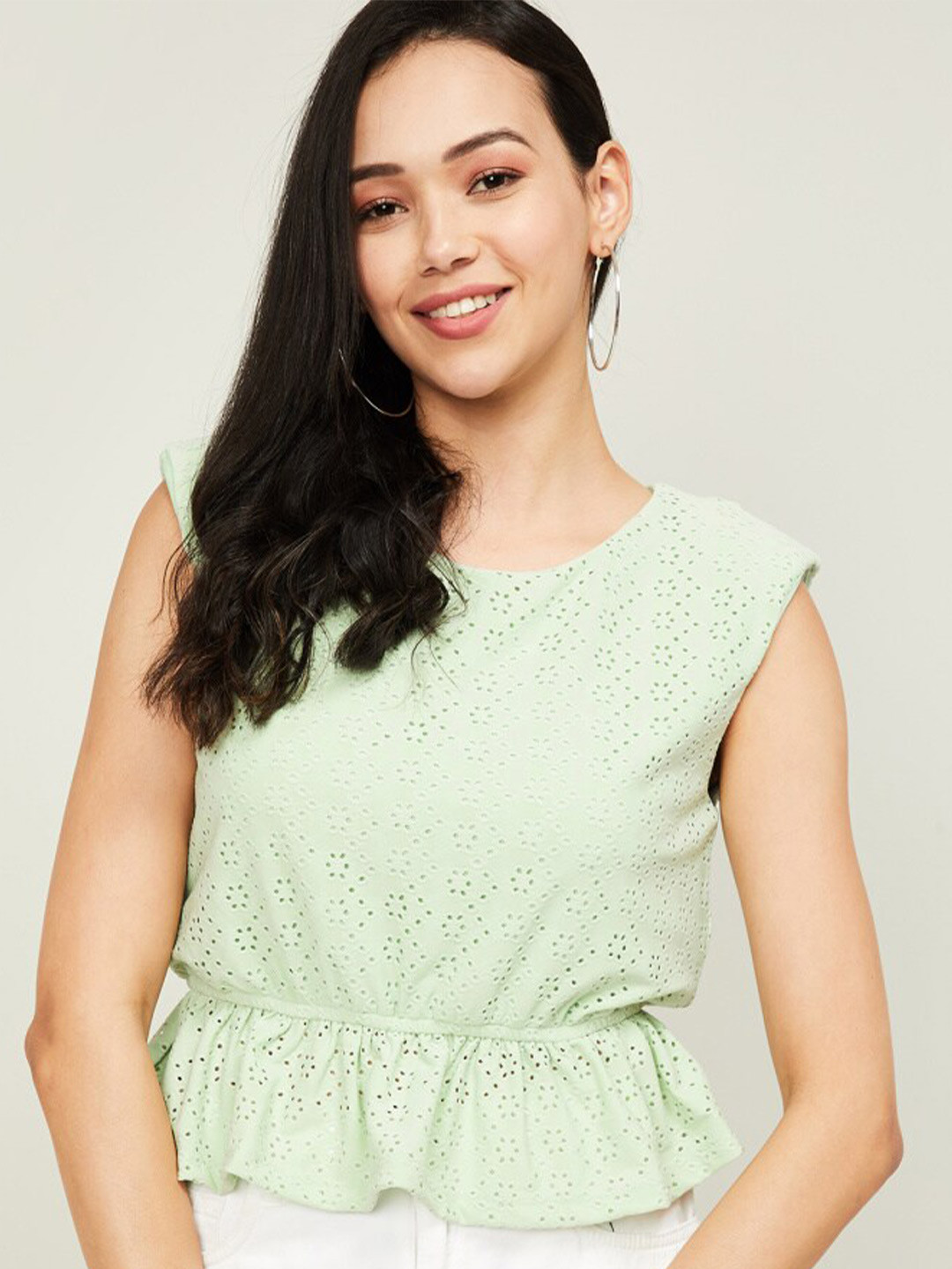 Women's Sea Green Floral Printed Off-Shoulder Cinched Waist Crop Top