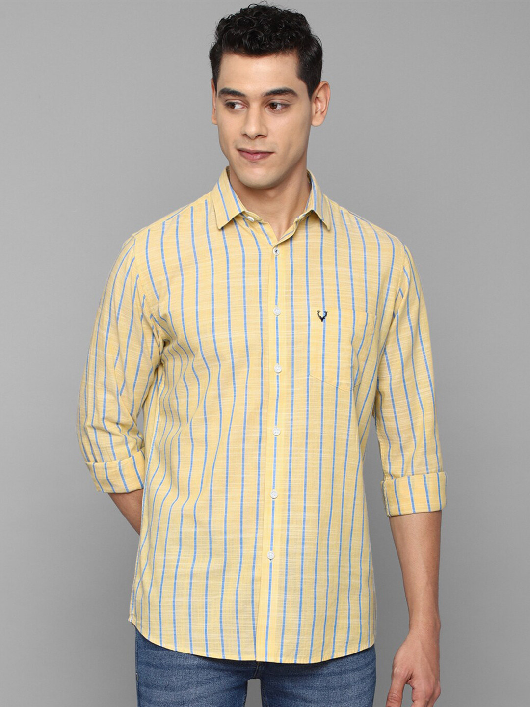 Buy Allen Solly Men Yellow Slim Fit Striped Pure Cotton Casual Shirt
